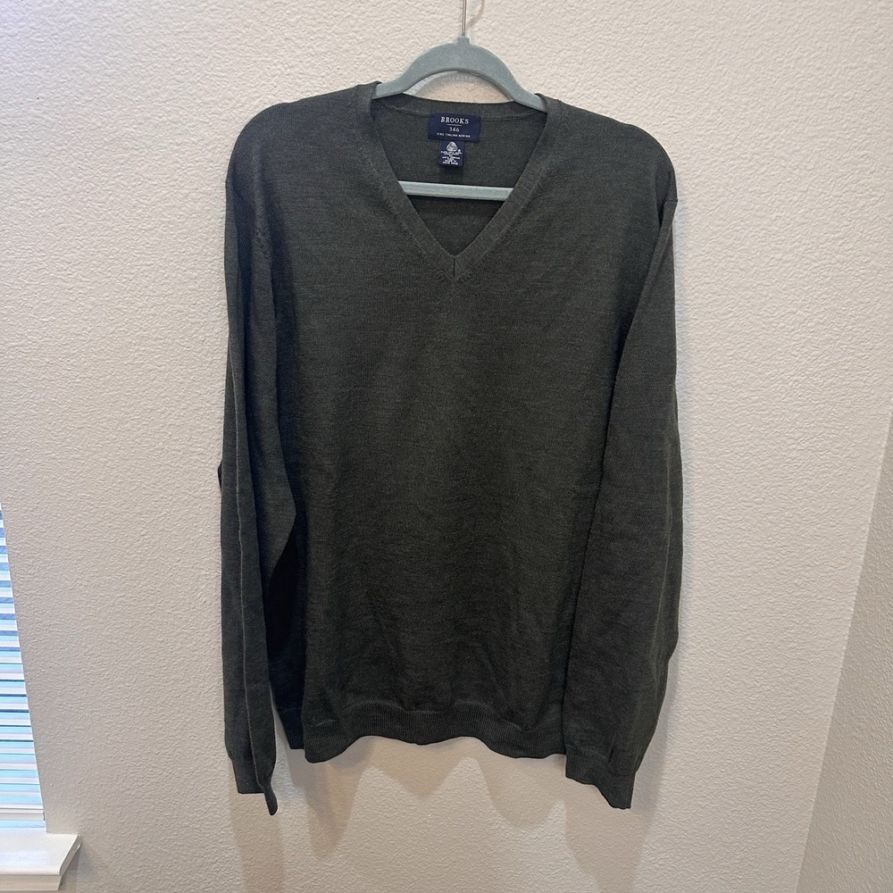 Brooks Brothers 346 Mens Merino Wool Green V Neck Sweater XL Preppy Office